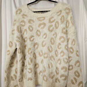 Apt. 9 Cream and Gold Eyelash Knit Leopard Print Sweater XL NWOT‎
